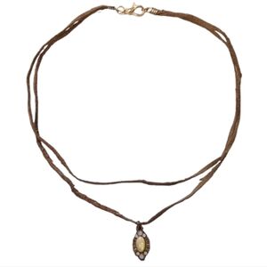 Brown Leather Double-Cord Choker Necklace w/ Stone & Rhinestone Accent